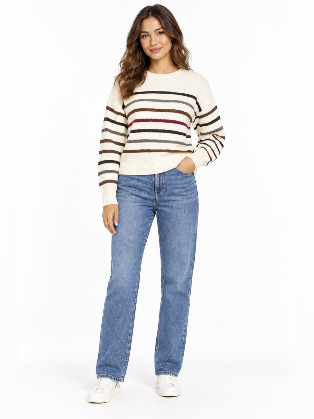 GAP Cream Striped Crewneck Sweater with Brown, Black and Burgundy Accents